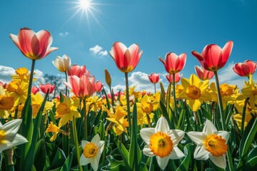 Obraz premium Sun shining on field of yellow and red flowers