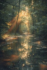 Obraz premium A forest with a sun shining on the water. The sun is reflected in the water, creating a beautiful and serene atmosphere
