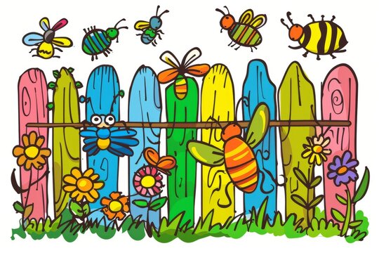 Cartoon cute doodles of happy insects adding colorful graffiti to garden fences, Generative AI