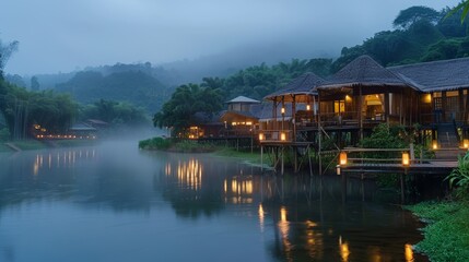 Obraz premium wide angle birdeye shot of a bamboo forest resort, stilt villa on the riverbank foreground, high bamboo nest room midlleground, hilly foggy background at dusk, lanterns throughout the bamboo resort 