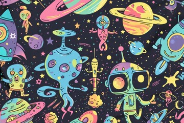 Cartoon cute doodles of playful aliens leaving graffiti art on spacecraft and planets, Generative AI
