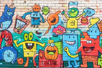 Cartoon cute doodles of playful characters tagging a brick wall with cheerful messages, Generative AI