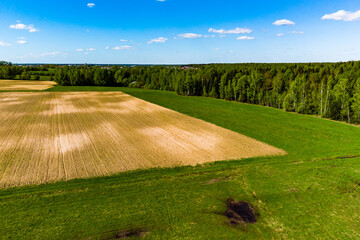 Straight boundaries of a plowed agricultural field, aerial view