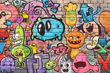 Fototapeta premium Cartoon cute doodles of playful characters tagging a brick wall with cheerful messages, Generative AI