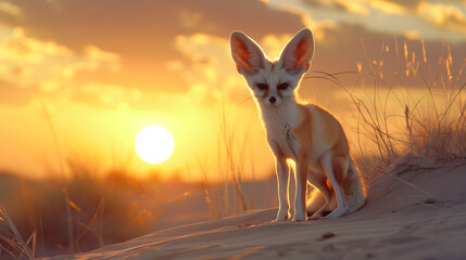 A fennec fox with large ears standing alert on a sand dune at sunset
