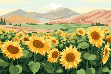 Fototapeta premium Sunflower Field Background, Sunflower Landscape Wallpaper, Sunny Sunflower Field, Summer Sunflower Background, Sunflower Field Painting