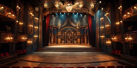 Opulent Art Deco theater stage with vintage props and stateo. Concept Vintage Props, Opulent Theater Stage, Art Deco Design, Theatrical Setting, State-of-the-Art Technology