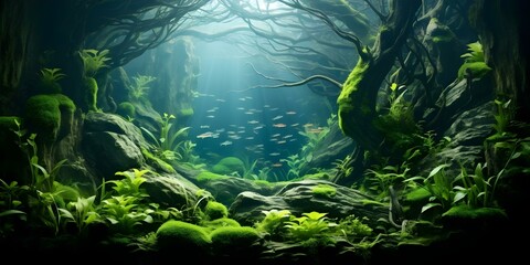 Aquascaping artist designs lush underwater plant landscape in fish tank. Concept Aquascaping, Underwater Plants, Fish Tank Design, Lush Landscape, Aquatic Decor