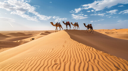 A group of camels climbing a high dune with ripples of sand in the Sahara Desert
