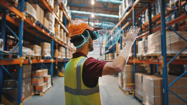 AR aids warehouse operations, displaying package arrivals on employee headsets. Modern tech in warehouses.

