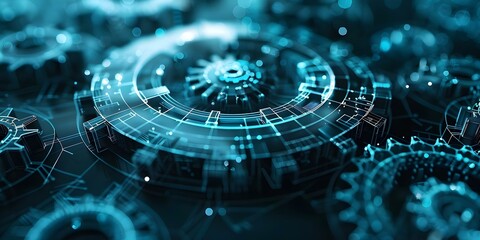 Futuristic wireframe digital technology concept with rotating gears in 3D. Concept Futuristic Technology, Wireframe Design, 3D Modeling, Digital Concept, Rotating Gears