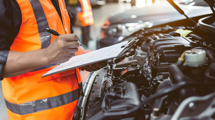 In the workshop, a mechanic in a yellow vest focuses on engine details, taking meticulous notes beside an open car engine.
