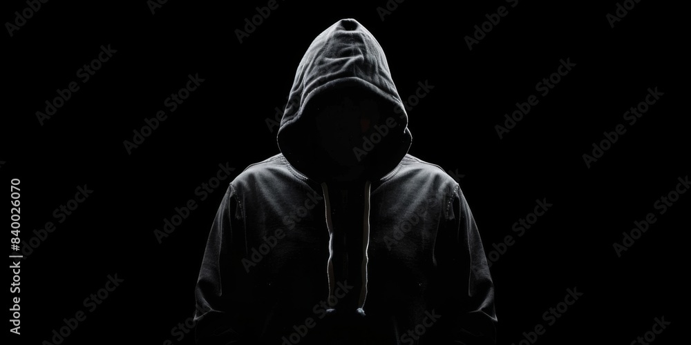 Wall mural faceless man in hoodie standing isolated on black, technical it man, concept of hacker, thief, dark 