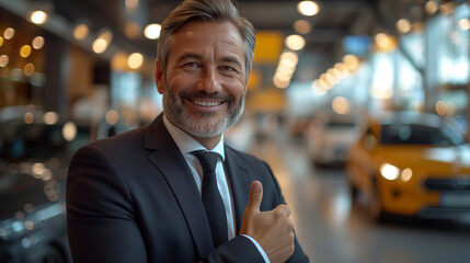 A man in a suit and tie is posing for a picture in a car dealership. He is smiling and he is confident. Middle aged car salesman with sly smile wearing black suit, skinny tie with right hand in pocket