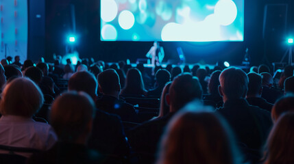 Conference hall audience perspective during seminar with cinema screen and stage, suitable for corporate training promotions.