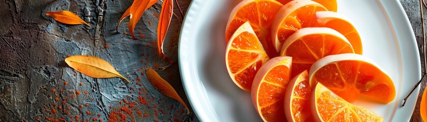 Bright orange slices of medlar fruit arranged neatly on a white plate, with a backdrop of autumn foliage