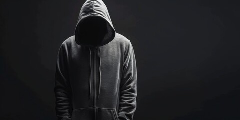 Faceless man in hoodie standing isolated on black, technical IT man, concept of hacker, thief, dark demon, mysterious creature, halloween character, secret, HD wallpaper, background, generated by AI