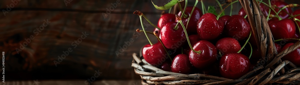 Wall mural bright red cherries, some with stems and leaves, piled high in a wicker basket with a dark wooden ba - Wall murals