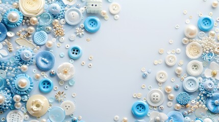 Round buttons of different sizes on a blue background. Monochrome illustration. Copy space.