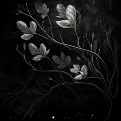 Beautiful flowers artistic drawing with white on black background. Romantic nature.