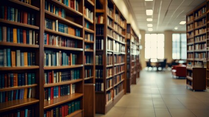 Abstract blurred public library interior space. blurry room with bookshelves by defocused effect. use for background.