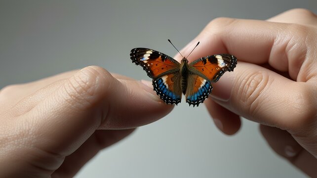 Butterfly on fingertips, close up, isolated on white, concept of sensitive, mental health care.