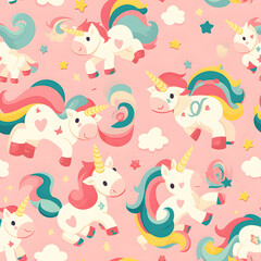 Seamless pattern featuring cute white unicorns with colorful manes on a pink background, surrounded by stars and clouds.