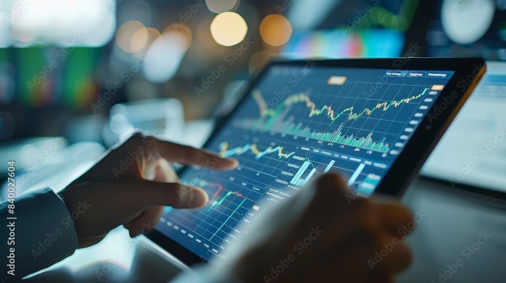Poster a person's hands interact with a tablet displaying financial graphs