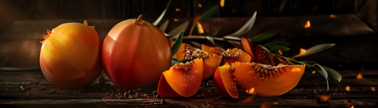 Fresh mabolo fruits, some whole and some sliced to show the juicy interior, arranged on a dark wooden surface with soft, warm lighting