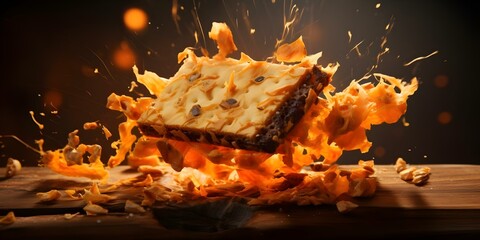 Realistic closeup shot of a cracker breaking with crumbs flying towards camera. Concept Close-up Photography, Food Styling, Cracker Break, Crumbs in Motion, High-Speed Shot