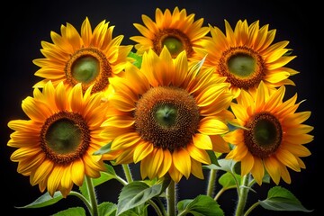 Obraz premium The Beauty of Contrast: How Sunflowers Shine Brighter Against a Dark Background in Detailed Photography 