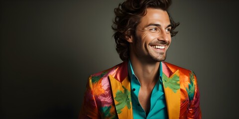 A stylish man in colorful clothes smiling against a light background. Concept Portrait Photography, Fashion, Stylish Men, Colorful Clothing, Light Background