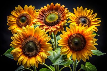 Obraz premium Sunflowers in Focus: An Artistic Exploration of Bright Yellow Blooms Highlighted by a Stark Black Background 