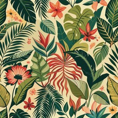 Fototapeta premium Seamless pattern of tropical foliage and flora intertwined with vines and tendrils, Generative AI