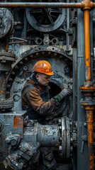Fototapeta premium A technician in an orange hard hat is working on a water pipe inside a large industrial facility