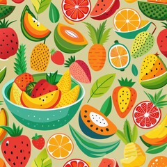 Seamless pattern of tropical fruits like pineapples, bananas, and coconuts, Generative AI
