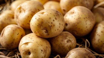 A close-up photo of a pile of fresh, raw potatoes, showcasing their smooth, unblemished skin and earthy tones.