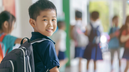 Joyful student with backpack in school uniform, heading to school, against blurred school entrance and students. Ideal for advertising school uniforms or educational materials.