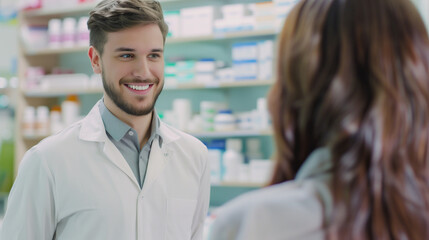 Male consultant in professional attire smiles at client near blurred shelves. Perfect for marketing campaigns showcasing exceptional customer service.

