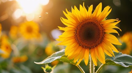 Fototapeta premium A close-up photo of a sunflower, its golden petals radiating towards the center, with a few tiny bees buzzing around.