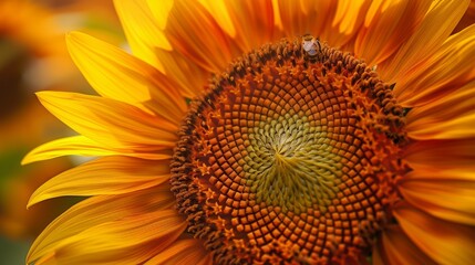 Obraz premium A close-up photo of a sunflower, its golden petals radiating towards the center, with a few tiny bees buzzing around.