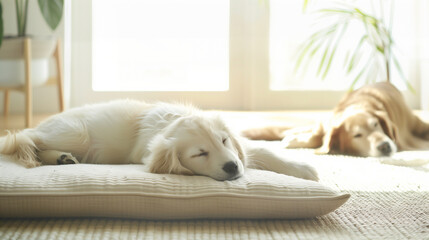Cute kitten, cat, and dog snuggle on pastel pillow in sunlight. Nearby, dog rests on neutral carpet. Muted tones create serene scene, great for pet store ads.