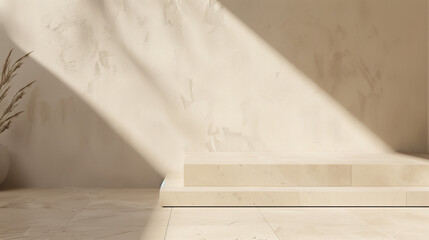Soft golden sunset glow on white wall brings calmness. Suitable for text, presentations, ads. Stylish and functional podium for effective product display.