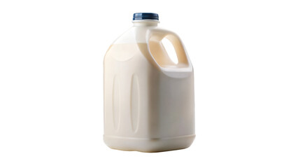 A plastic bottle filled with fresh milk sits alone on a clean white background