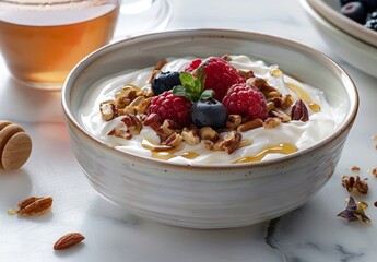 serene breakfast scene featuring a bowl of Greek yogurt topped with fresh berries, nuts, and a drizzle of honey, with a cup of herbal tea on a marble countertop