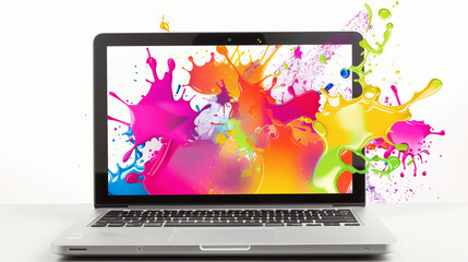 Sleek laptop with vibrant color splashes on display. Dynamic contrast with clean design creates energetic scene.