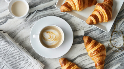 A plate of croissants sits on a table next to a cup of coffee and a newspaper