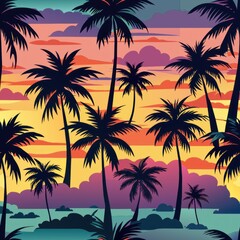 Seamless pattern of tropical sunsets with palm trees silhouetted against colorful skies, Generative AI
