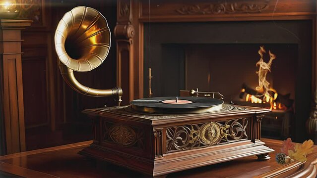Vintage gramophone with intricate design, evoking a sense of nostalgia and classic elegance. Seamless looping 4k time-lapse virtual video background