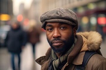 A man wearing a hat and scarf is standing in the street
